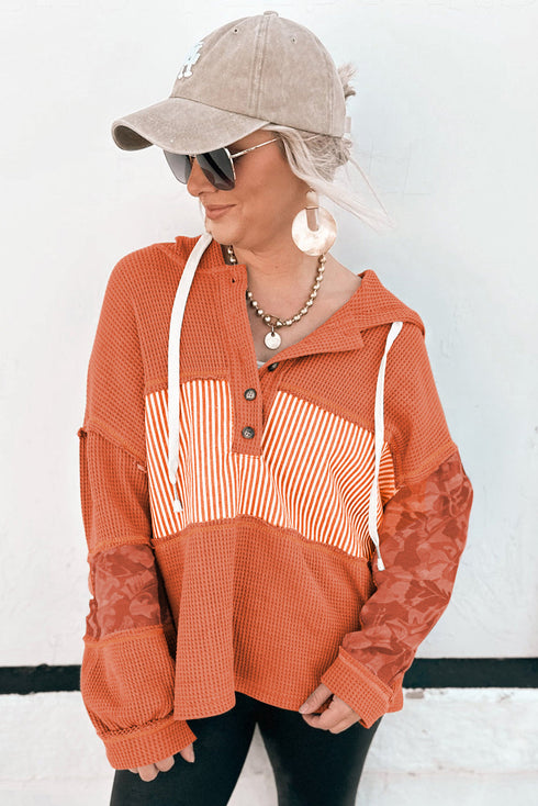 Waffle Knit Stripe Patchwork Henley Drawstring Hood Drop Shoulder Long Sleeve Top